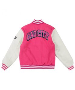 Gag City Pink and White Full-Snap Wool/Leather Varsity Jacket