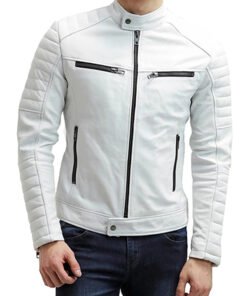Men Biker Lambskin White Leather Jacket